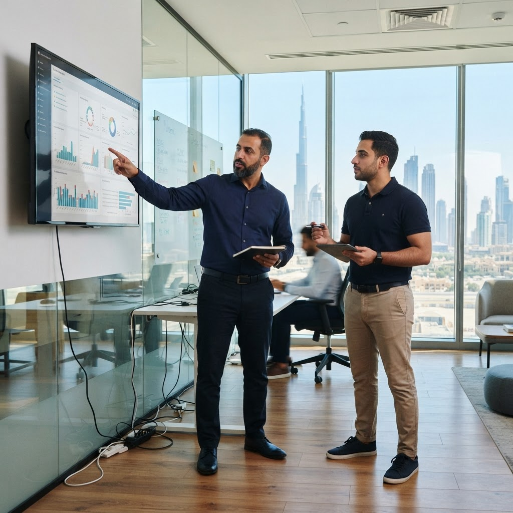 ARD ALHAYAT engineers reviewing a license dashboard in a Dubai office
